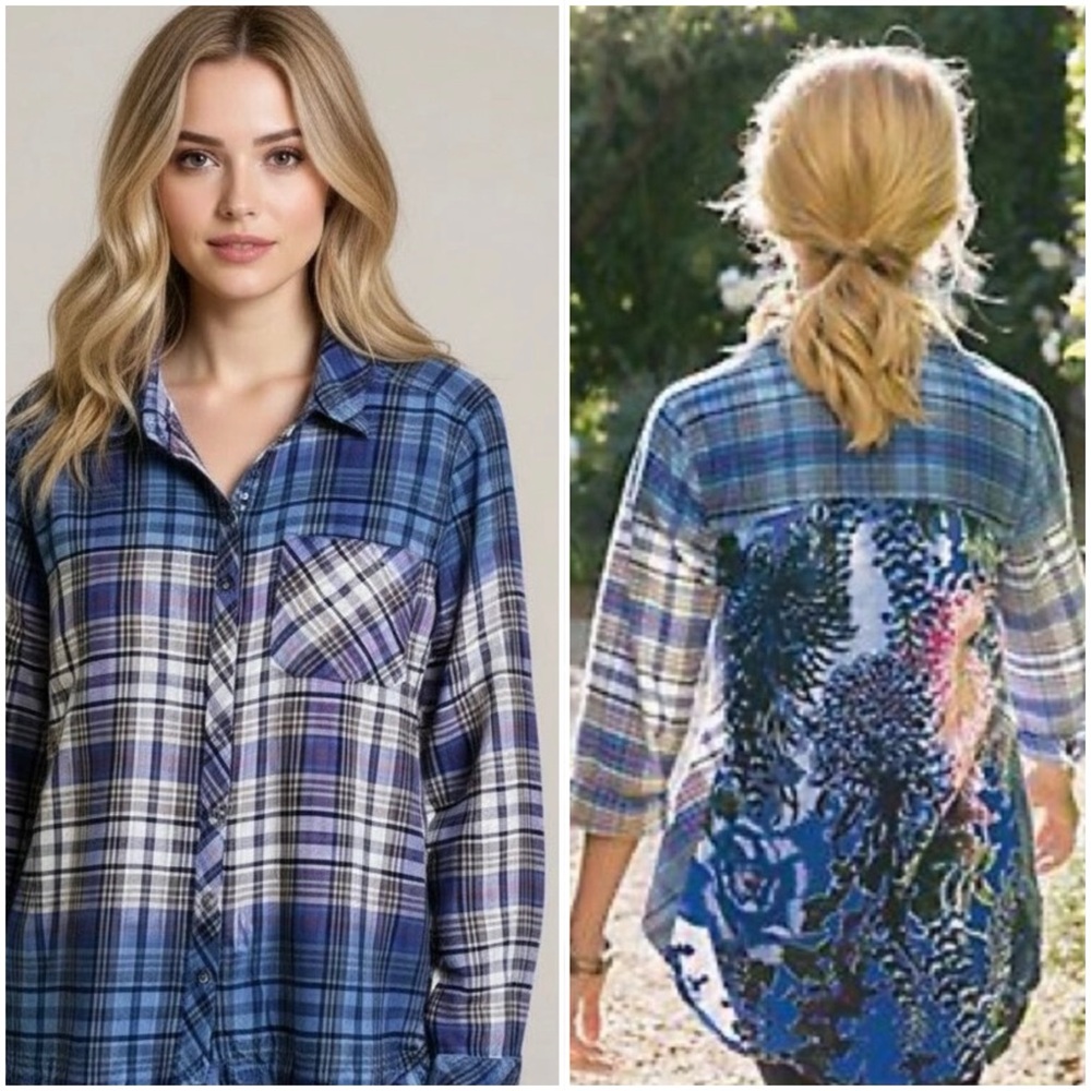 Soft Surroundings Blue Plaid Front Velvet Burnout Floral Back Shirt Size 2X NWOT